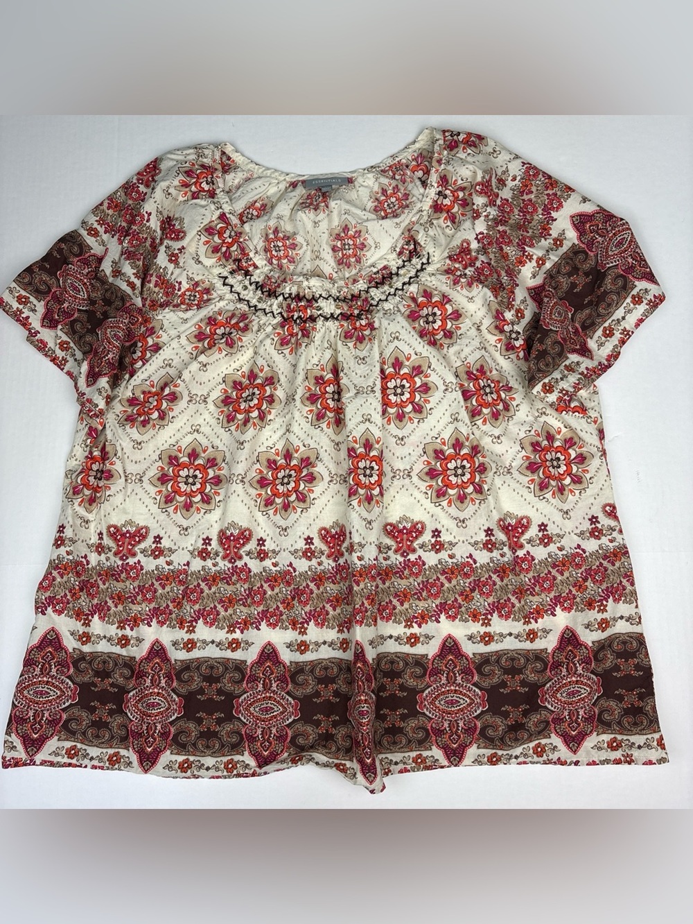 Essentials Women 2X Shirt Medallion Brown Cream Red Peasant Boho Cotton Sequins
